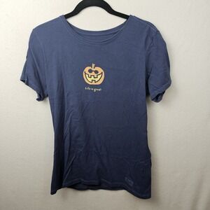 Life Is Good Shirt Woman's Size Medium Navy Blue Short Sleeve T-Shirt Pumpkin